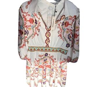 Commense Womens Paisley Floral Print V-Neck Mini Dress White Bohemian 3/4 Sleeve
